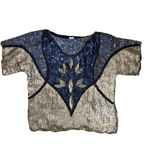 Pure Silk True Vintage Art Deco Women Sequin Hand-Beaded Blouse Gold